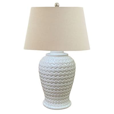 Huge 70cm Lattice Woven White Ceramic Table Buffet Lamp w/ Linen Shade