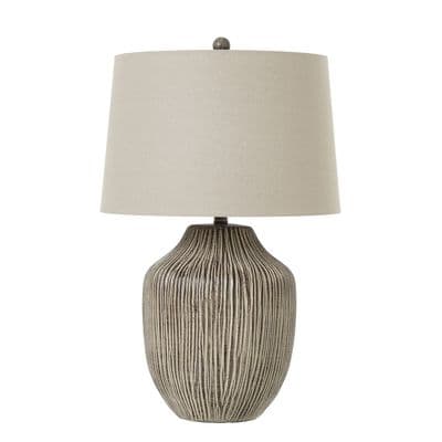 Huge 71cm Ribbed Stone Effect Brown White Buffet Lamp w/ Linen Shade