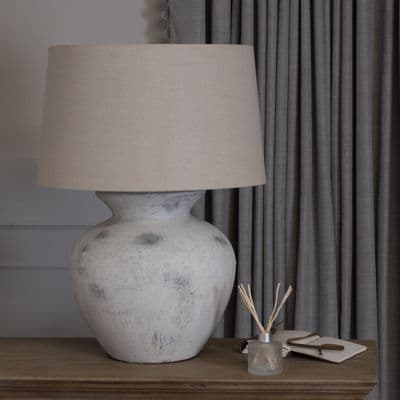 Huge 76cm 16kg Ceramic Stone Table Lamp Linen Shade aged Antique White Stoneware