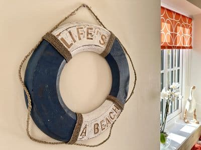 Large Blue & White Life''s a Beach Life Buoy Belt Ring Wall Hanging Sign