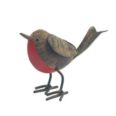 Metal Standing Robin Redbreast Distressed Lifelike Garden Bird Ornament Gift