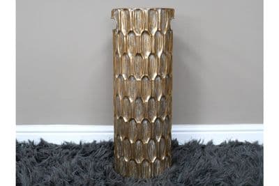 Metal Umbrella Walking Stick Stand Holder Gold Ribbed Link Distressed w Handles