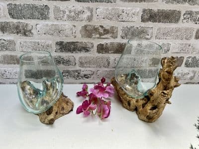 Molten Glass Round Medium Bowl Rustic Teak Root Wood Base Stand  Ornament Gift