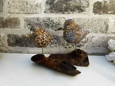 Multi Coloured Birds on Wooden Teak Root Stand Ornament Figurine Statue