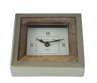 Nickel & Wood Angled Desk Table Clock w Roman Numerals Gift