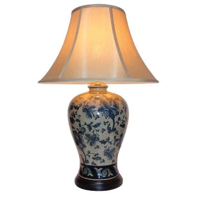 Oriental Chinese Style Ceramic Blue Floral Table Buffet Lamp & Gold Shade