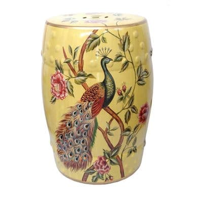 Oriental Chinese Yellow Porcelain Stool Seat Peacocks Peonies Flowers 45cm