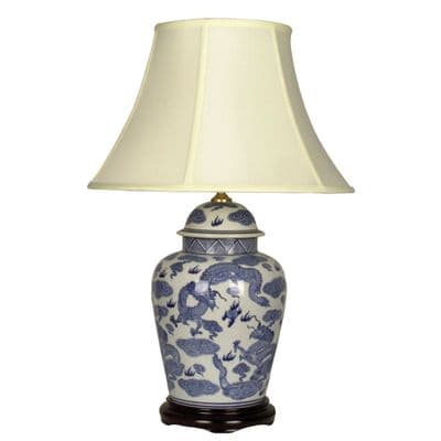 Oriental Jar Table Lamp with Blue Dragons and Cream Shade 60cm