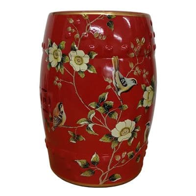 Oriental Porcelain Stool Seat with Chaffinches Flowers Red Burgundy 45 cm