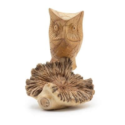 Owl on Wooden Mushroom Ornament Wood Carving Handmade Gift - 10cm