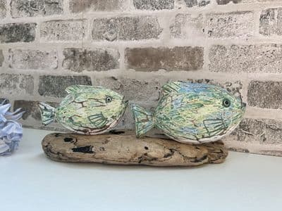 Painted Mother and Baby Tropical Fish Ornament Figurine on Wooden Driftwood