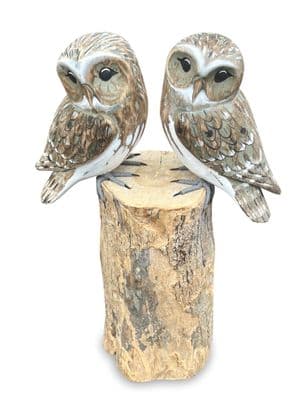 Pair Owl Bird Intricate Wooden Ornament Figurine Balinese HandPainted Strigiform