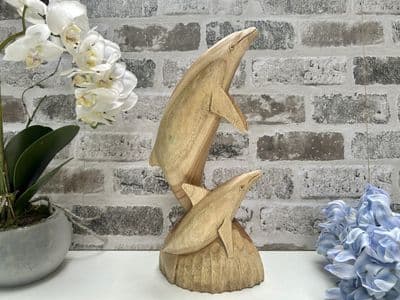 Playing Dolphins Ornament Sculpture - 30cm Hand Carved Wooden Art Gift