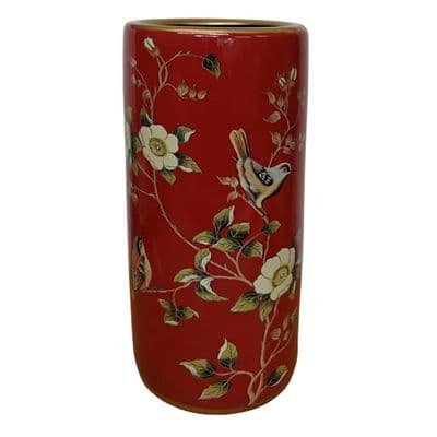 Red Oriental Porcelain Umbrella Stand with Chaffinches Birds Flowers 46 cm