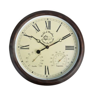 Rustic Outdoor Clock w/Temperature Gauge & Hygrometer 38cm Indoor Roman Numerals