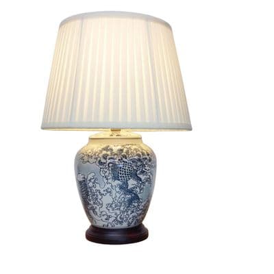 SAVE 40%! Oriental Foaming Waves and Fish Table Lamp w/ Ivory Pleated Shade 51cm