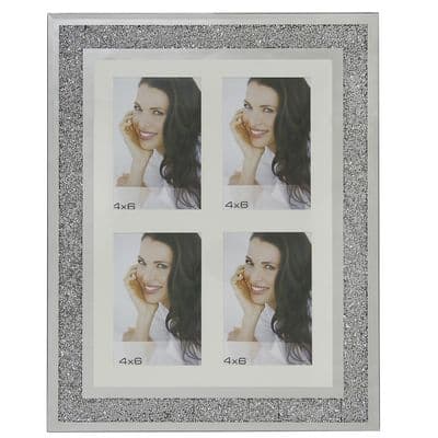 SAVE 60%!! Four Photo Multi Frame Crushed Silver Mirrored Glass - 4 x 6