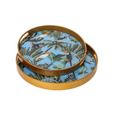 Set 2 42cm Tropical Serving Round Trays Platters w/ Toucans - Blue & Gold