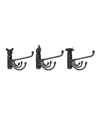 Set 3 Triple 25cm Wall Hooks Cast Iron Pig Hen Cow Black Brown Distressed