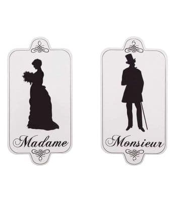 Set of 2 Toilet Door Plaque Signs - Madame Mrs Monsieur Sir - White Black Metal