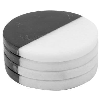 Set Of 4 Black and White Round Marble Coasters 10cm