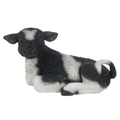 Small Black & White Lying Calf Figurine Ornament Home Garden 13x23.5cm