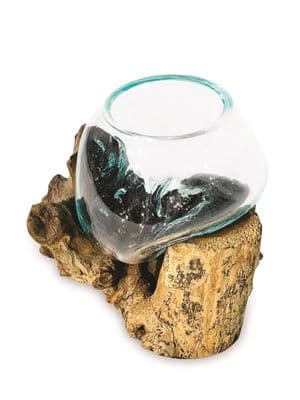 Small Molten Glass Round Bowl Rustic Teak Root Wood Base Stand Decor Ornament