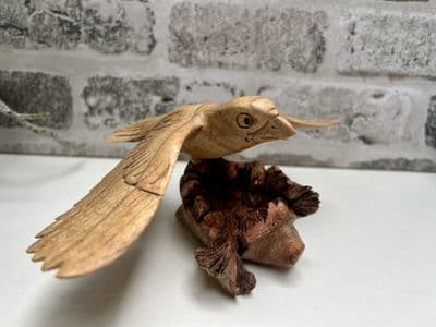 Soaring Eagle Ornament Sculpture - Hand Carved Wooden Art Gift on Root