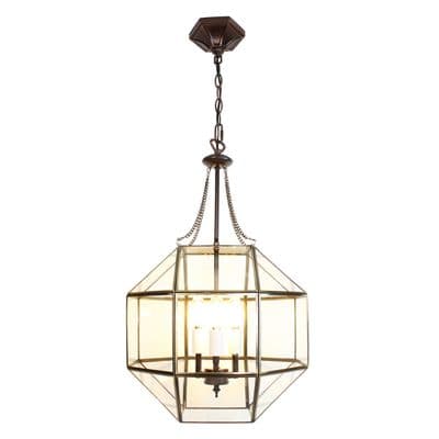 Stunning Retro Metal & Glass Hanging Pendant Triple Bulb Light Lamp Antique Gold