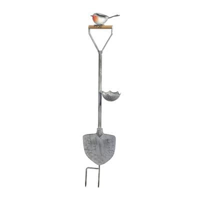 Tall 1.05m Distressed Grey Metal Robin Garden Spade Bird Feeder Bath Decoration