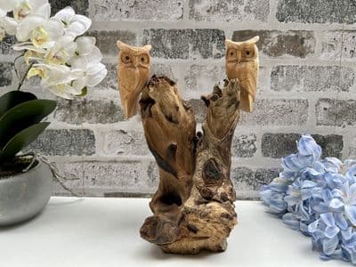 Tawny Owl Couple Pair on Driftwood Wooden Base Sculpture Ornament Gift