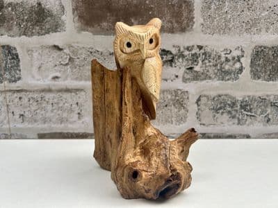 Tawny Owl Single on Driftwood Wooden Base Sculpture Ornament Gift