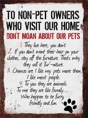 Vintage Style Metal Sign Wall Plaque Non Pet Owner Rules 30 x 40 cm