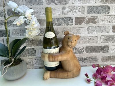 Wine Bottle Holder Stand - Carved Wooden Teddy Bear Design Freestanding Gift
