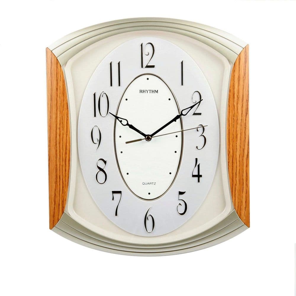Wood Effect Rhythm No Tick Wall Clock 3D Dial Arched Top 35 5cm