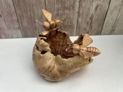 Wooden Portobello Mushroom Sculpture Ornament w/ 2 Bees - Handcarved Teak Root