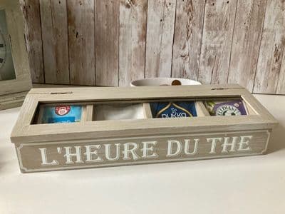 Wooden Tea Box The hour for Tea French Shabby Chic Grey Gray Gift  4 Compartment