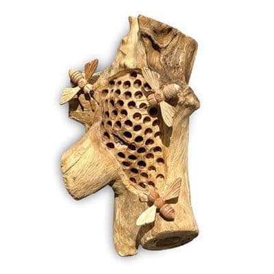 Wooden Wall Hanging Beehive 3 Bee Sculpture Ornament Gift - Handcarved Teak Root
