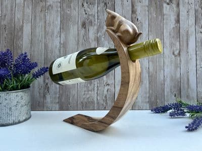 Wooden Wine Bottle Holder Balancer Hand Carved Cat Design Quirky Cat Lover Gift
