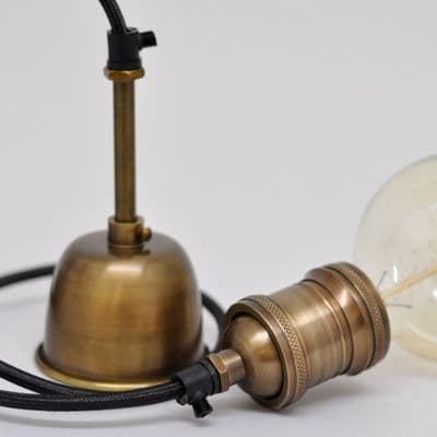 Single Bare Bulb Pendant in Antique Brass/Black