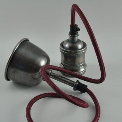 Single Bare Bulb Pendant in Antique Nickel/Burgundy