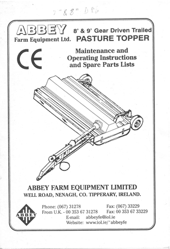Abbey 8' & 9' Gear Driven Trailed Pasture Topper Maintenance Operators and Parts Manual