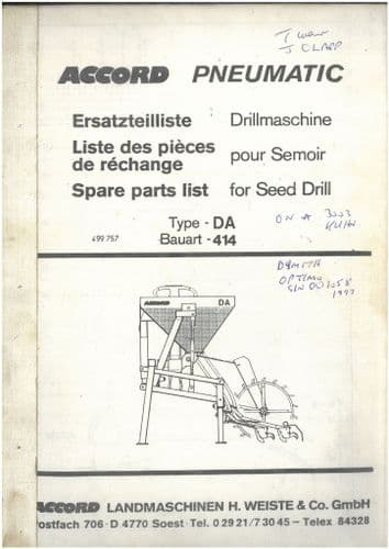Accord Pneumatic Seed Drill  DA 414 Parts Manual