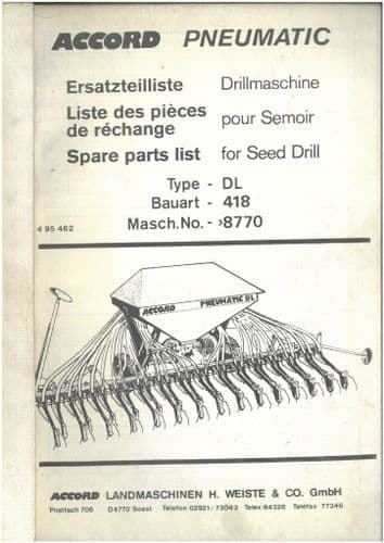 Accord Pneumatic Seed Drill  DL 418 Parts Manual