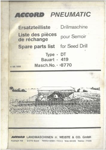 Accord Pneumatic Seed Drill  DL 419 Parts Manual