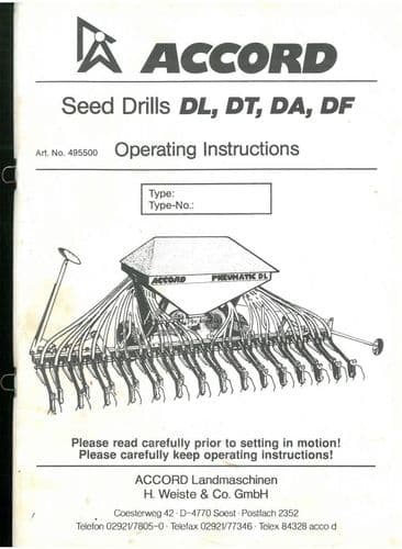 Accord Pneumatic Seed Drill  DL DT DA DF Operators Manual