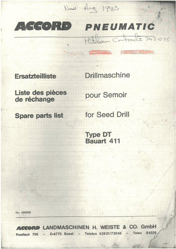 Accord Pneumatic Seed Drill  DT Bauart Operators Manual