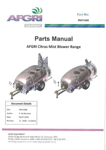 Afgri Citrus Mist Blower 2000L 3000L Parts Manual