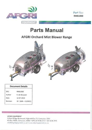 Afgri Orchard Mist Blower 2000L 3000L Parts Manual