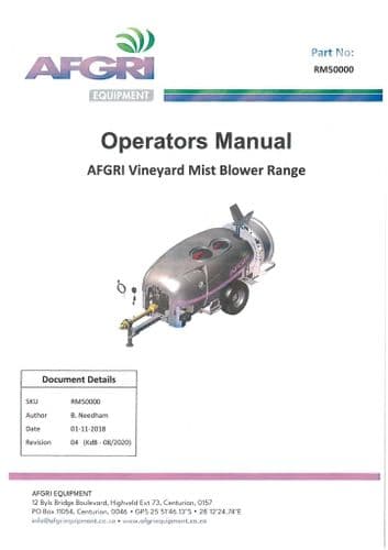 Afgri Vineyard Mist Blower Range 1000L 15000L Operators Manual
